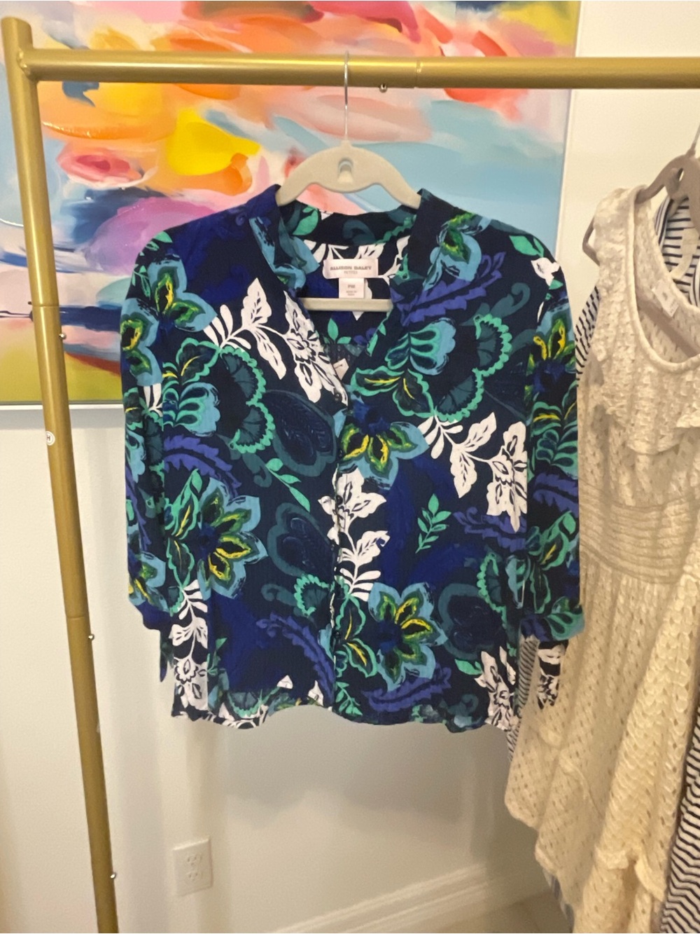 Allison Daley Blue Floral Button-Front Blouse P Medium